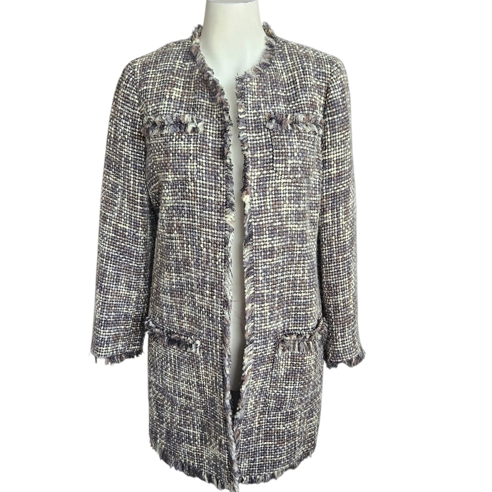 Chico's Tweed‎ Open Front Wool Blend Long Neutral Blazer Fringe Sz 4 (Chico's 0)
